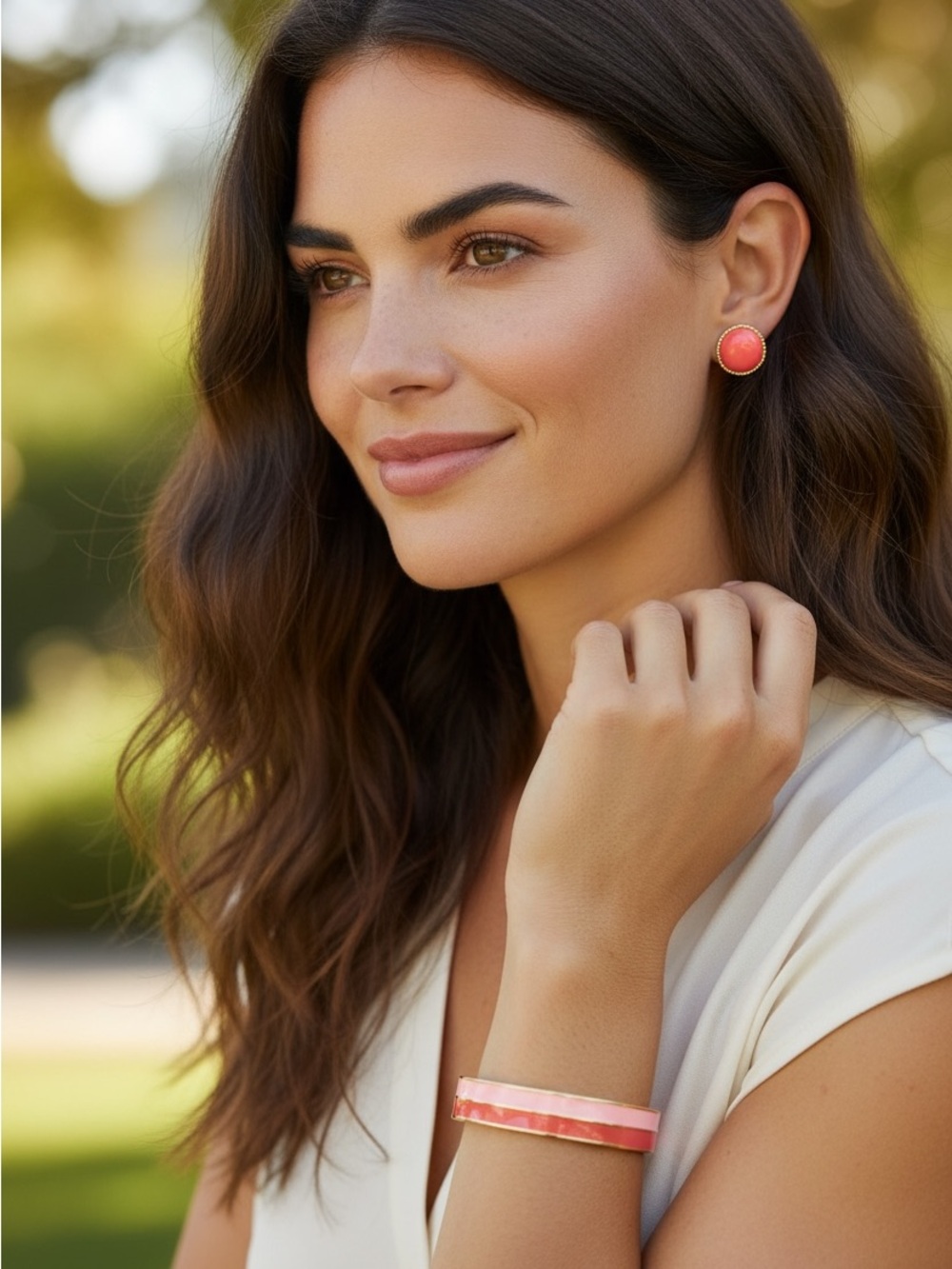 NWT Zoetik Gold Pink and Coral Enamel Bangle and Button Stud Earrings Set